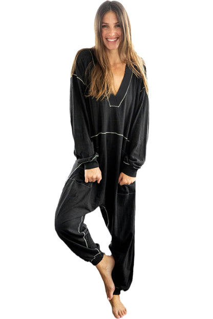 Flatlock Seam Detail V Neck Baggy Jumpsuit | Black