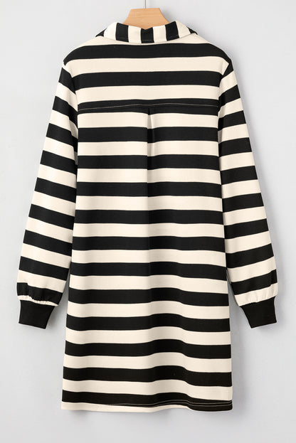 Collared V Neck Long Sleeve Loose Casual Dress | Black Stripe