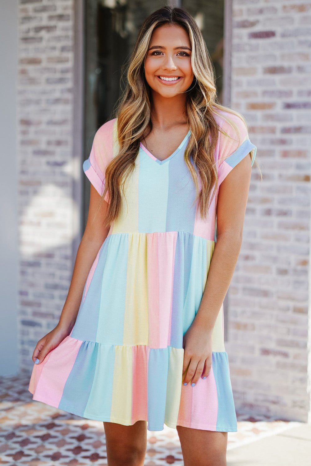 Striped Colour Block Tiered Mini Dress | Multicolour