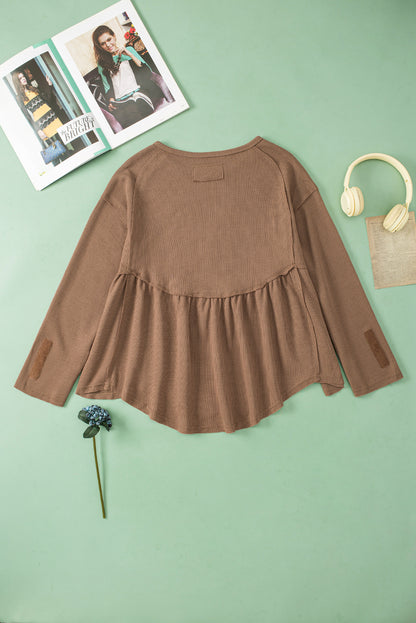 Solid Colour Ribbed Long Sleeve Peplum Blouse | Brown