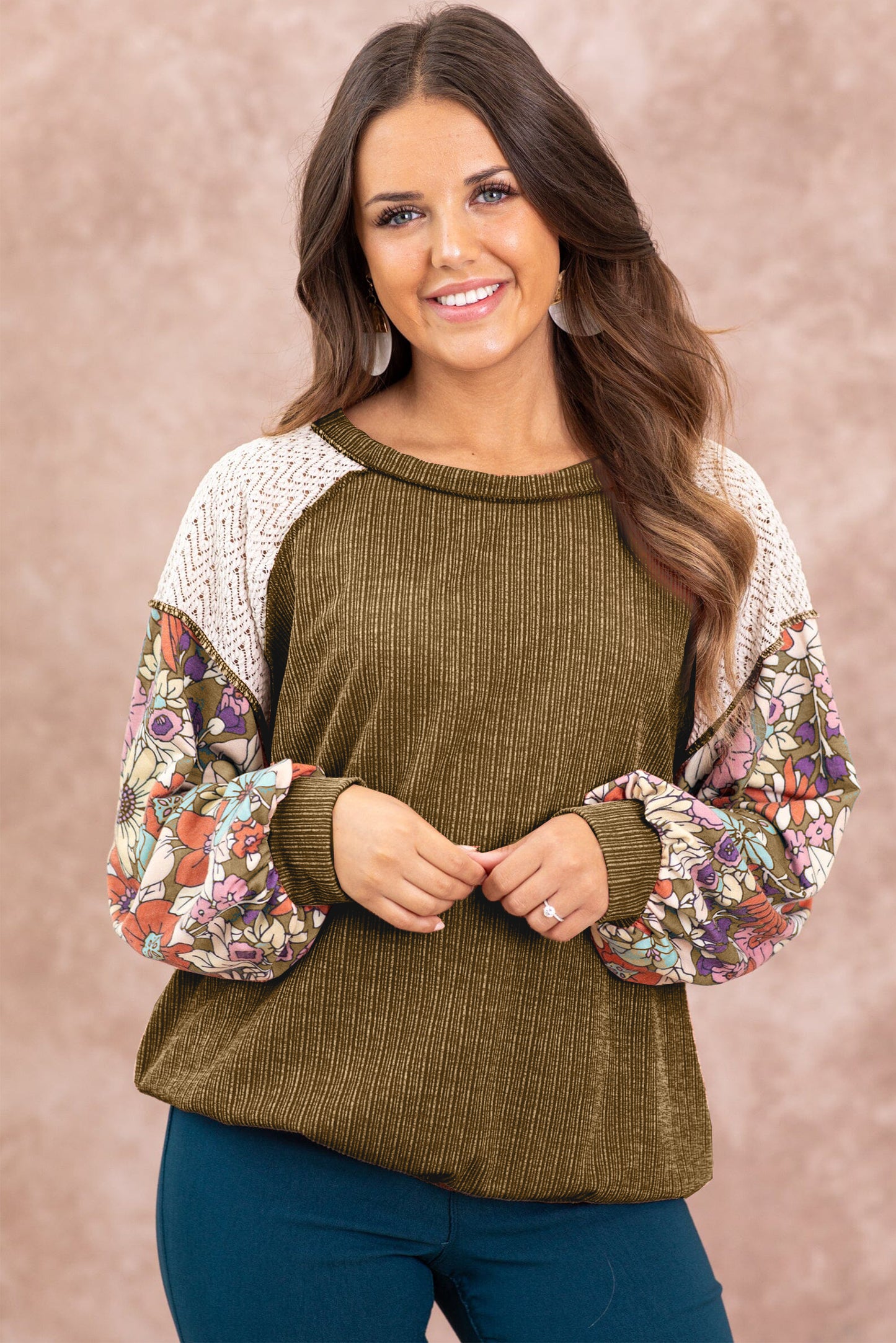 Floral Patchwork Puff Sleeve Textured Blouse | Brown