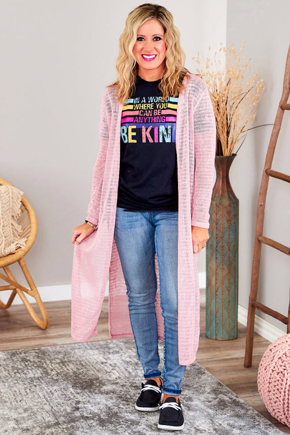 Sheer Knitted Long Side Slit Plus Size Cardigan | Pink