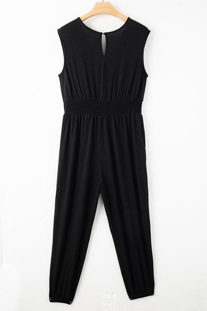 Plus Smocked High Waist Sleeveless V Neck Jumpsuit | Black