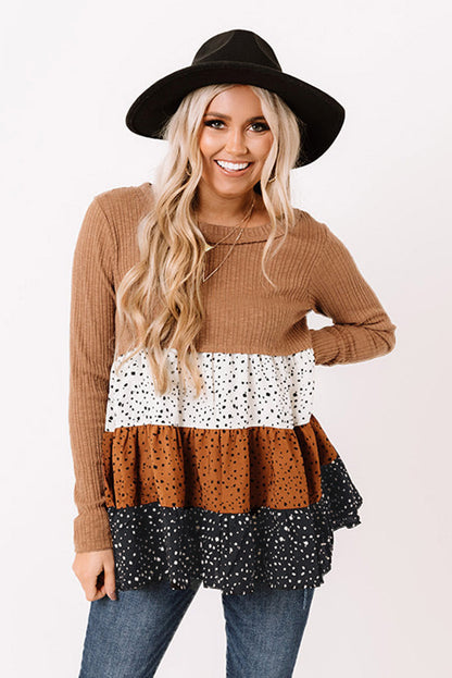 Ribbed Long Sleeve Dotted Tiered Ruffled Flowy Top | Brown