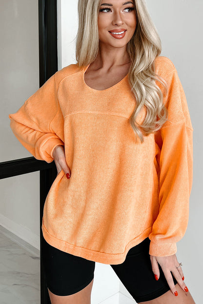 Solid Colour Textured High Low Long Sleeve Top | Grapefruit Orange