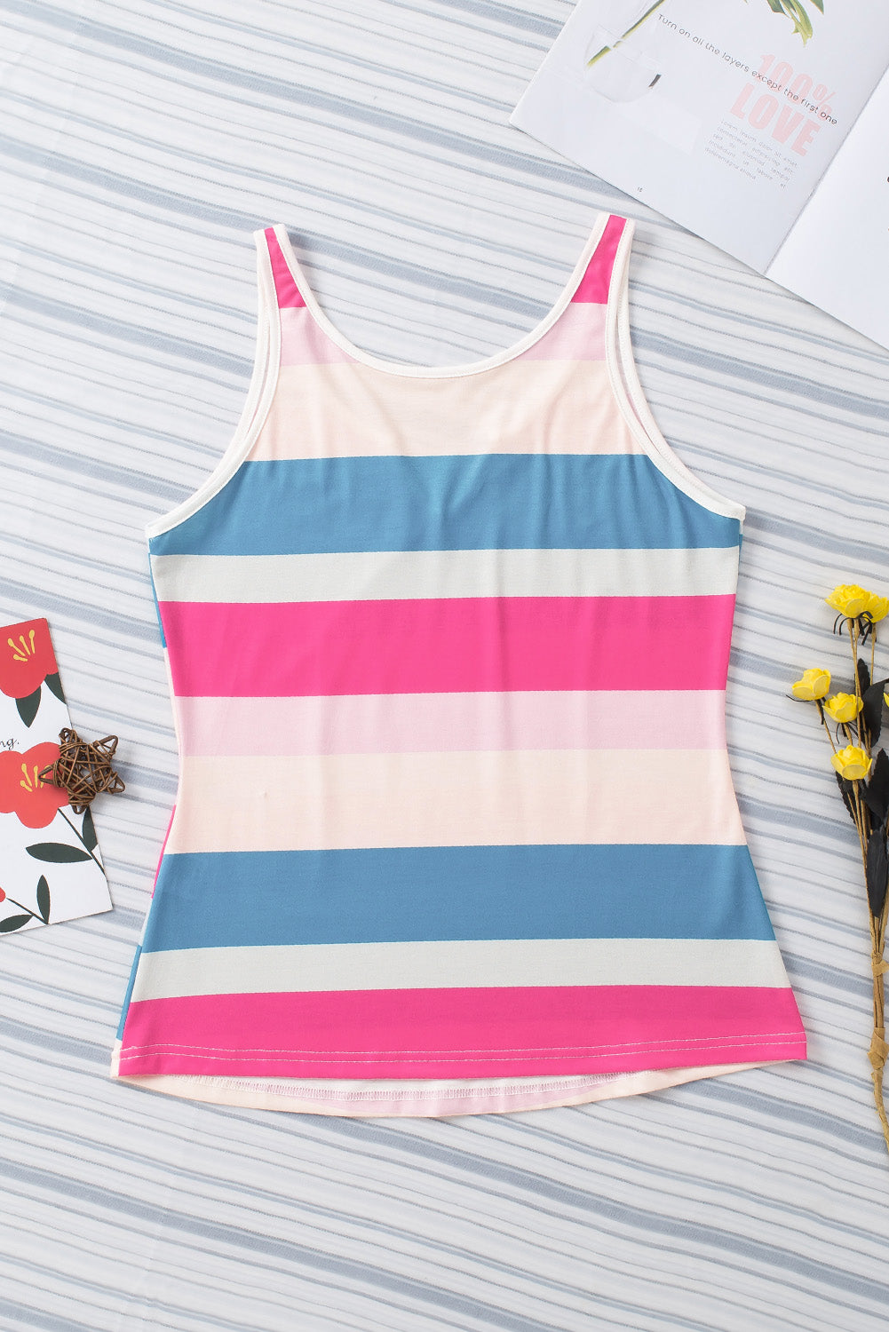 Striped Colour Block Notched Neck Tank Top | Rose