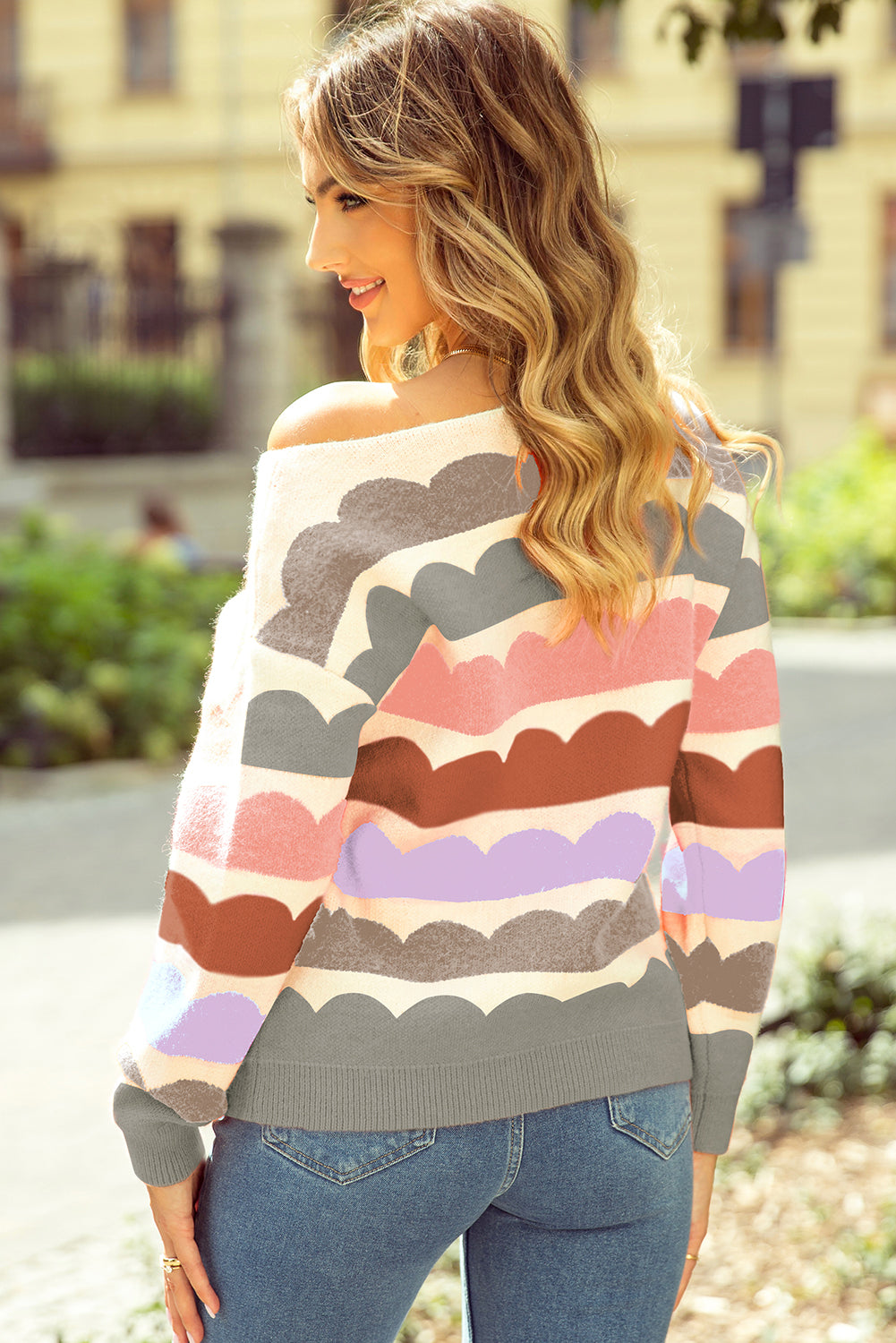 Wave Striped Balloon Sleeve Drop Shoulder Sweater | Gray