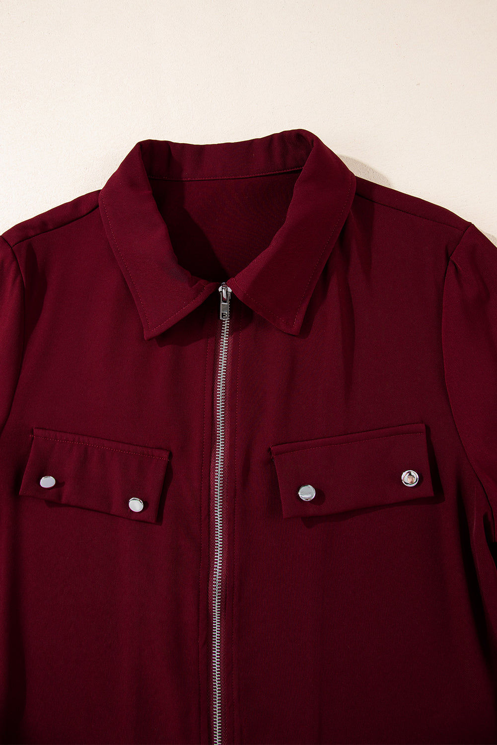 Collar Tab Sleeve Zip Up Flap Detail Jacket | Red Dahlia