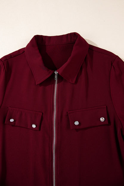 Collar Tab Sleeve Zip Up Flap Detail Jacket | Red Dahlia