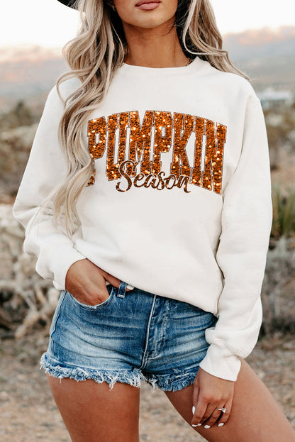 Heat-Transfer Pumpkin Season Printed Crewneck Thanksgiving Sweatshirt | Beige