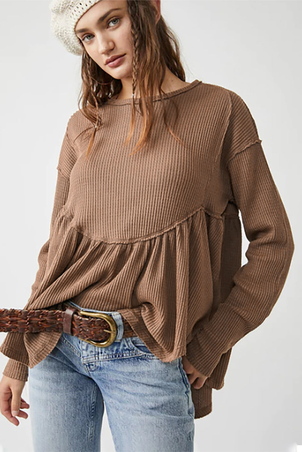 Solid Colour Ribbed Long Sleeve Peplum Blouse | Brown