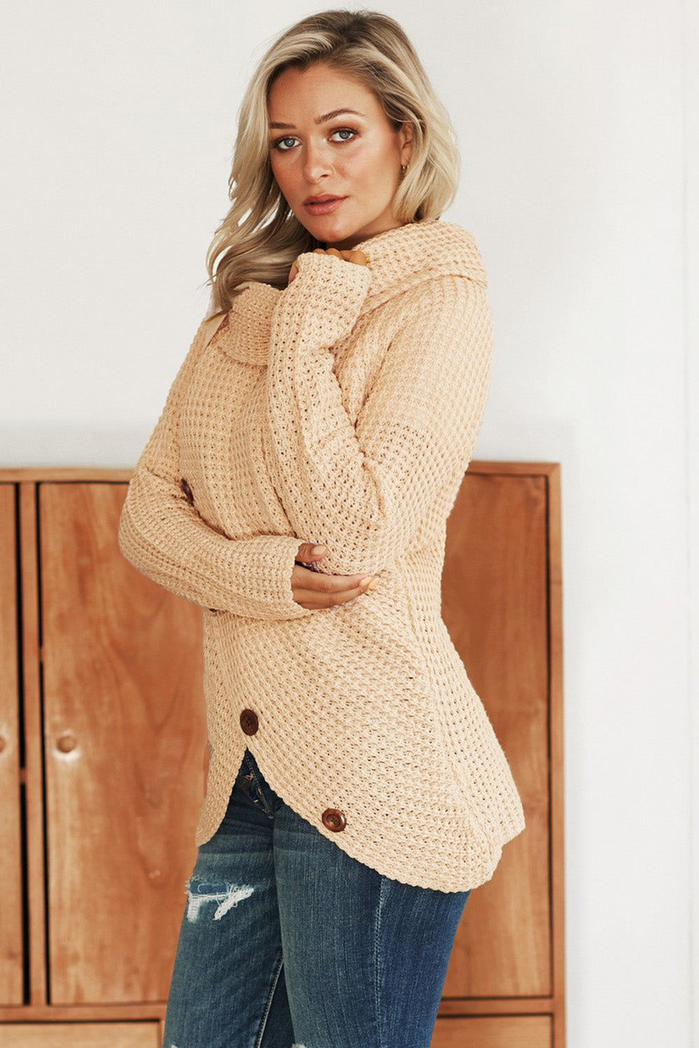 Buttoned Wrap Turtleneck Sweater | Beige