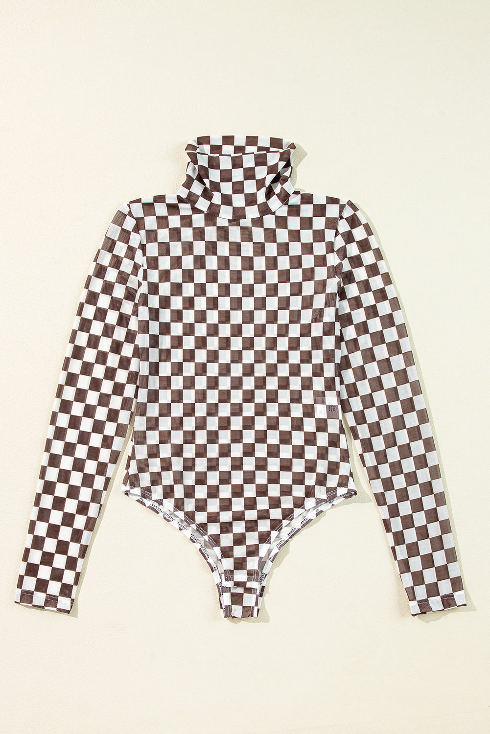 Checkered Printed Long Sleeve High Neck Bodysuit | Brown