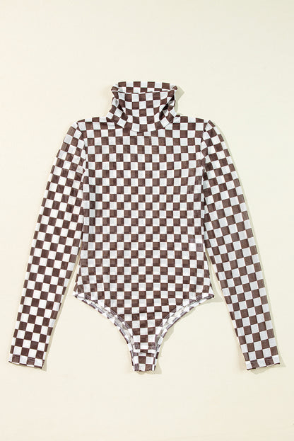 Checkered Printed Long Sleeve High Neck Bodysuit | Brown