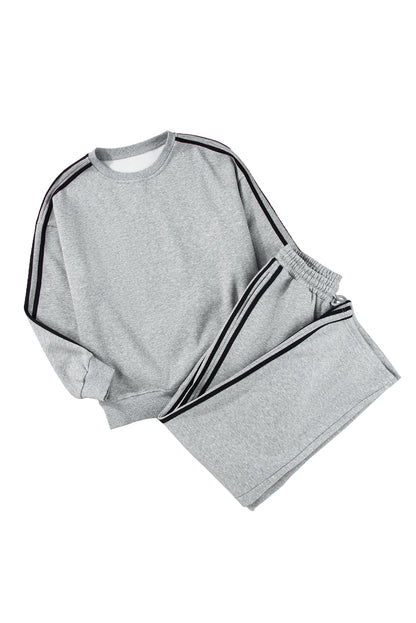 Solid Colour Side Striped Sweatshirt Active Set | Light Grey