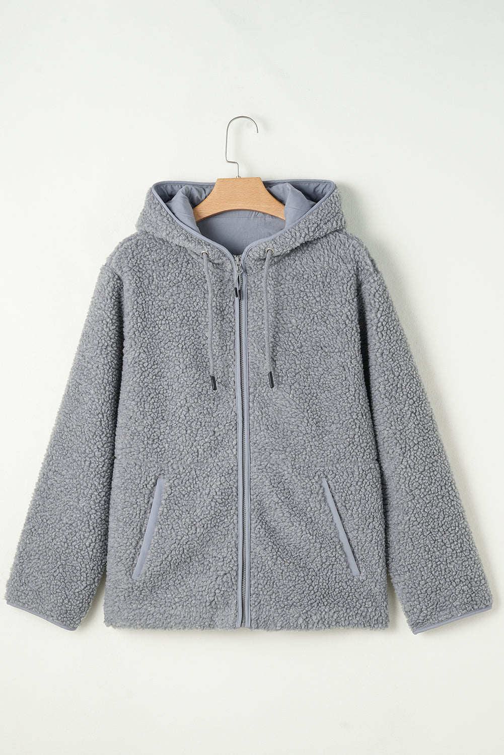 Fleece Zip Up Drawstring Hooded Pocketed Jacket | Medium Grey