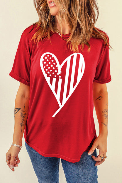 Usa Flag Heart Shape Crewneck Graphic T Shirt | Red