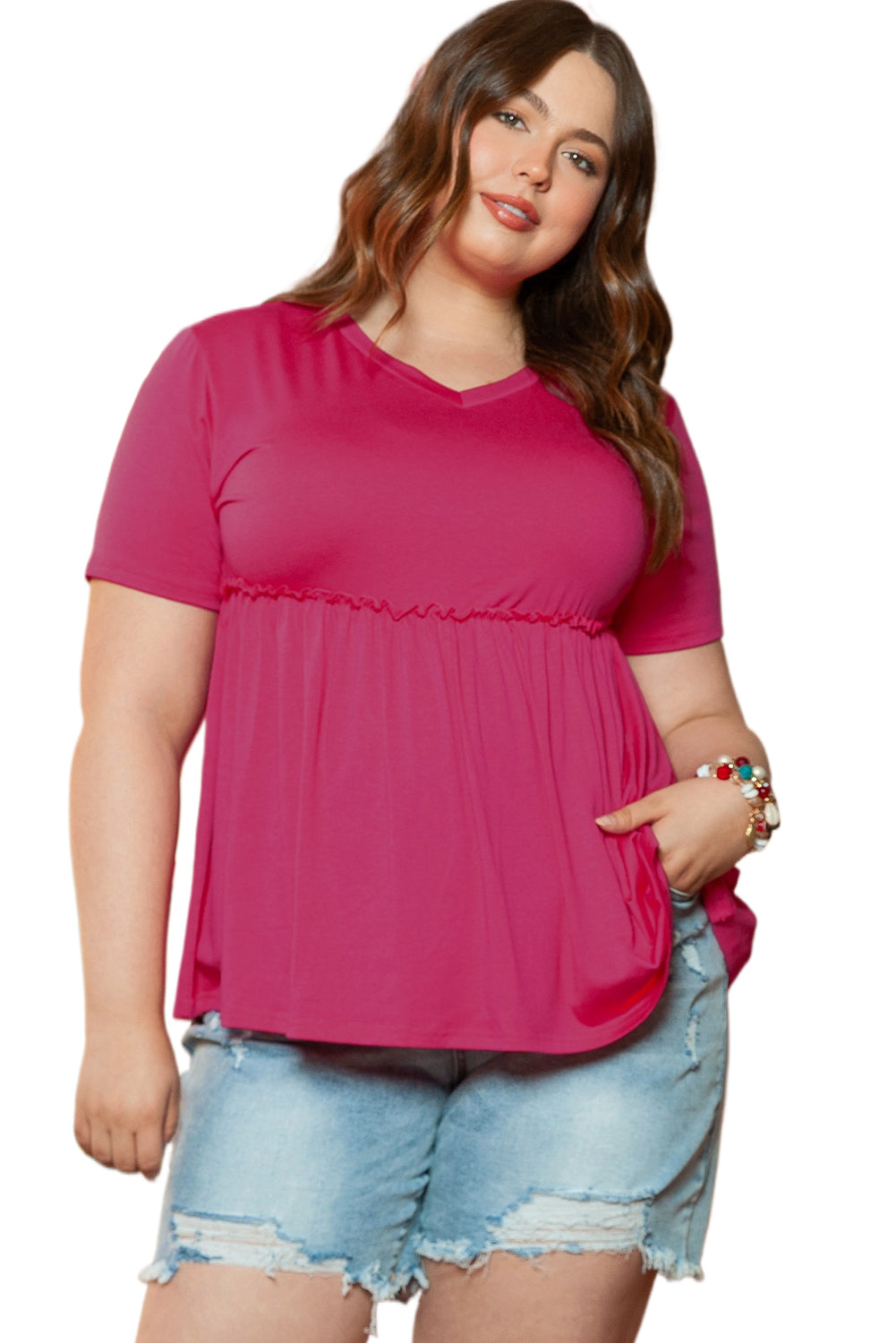 Solid Short Sleeve Flowy Plus Size Top | Rose Red