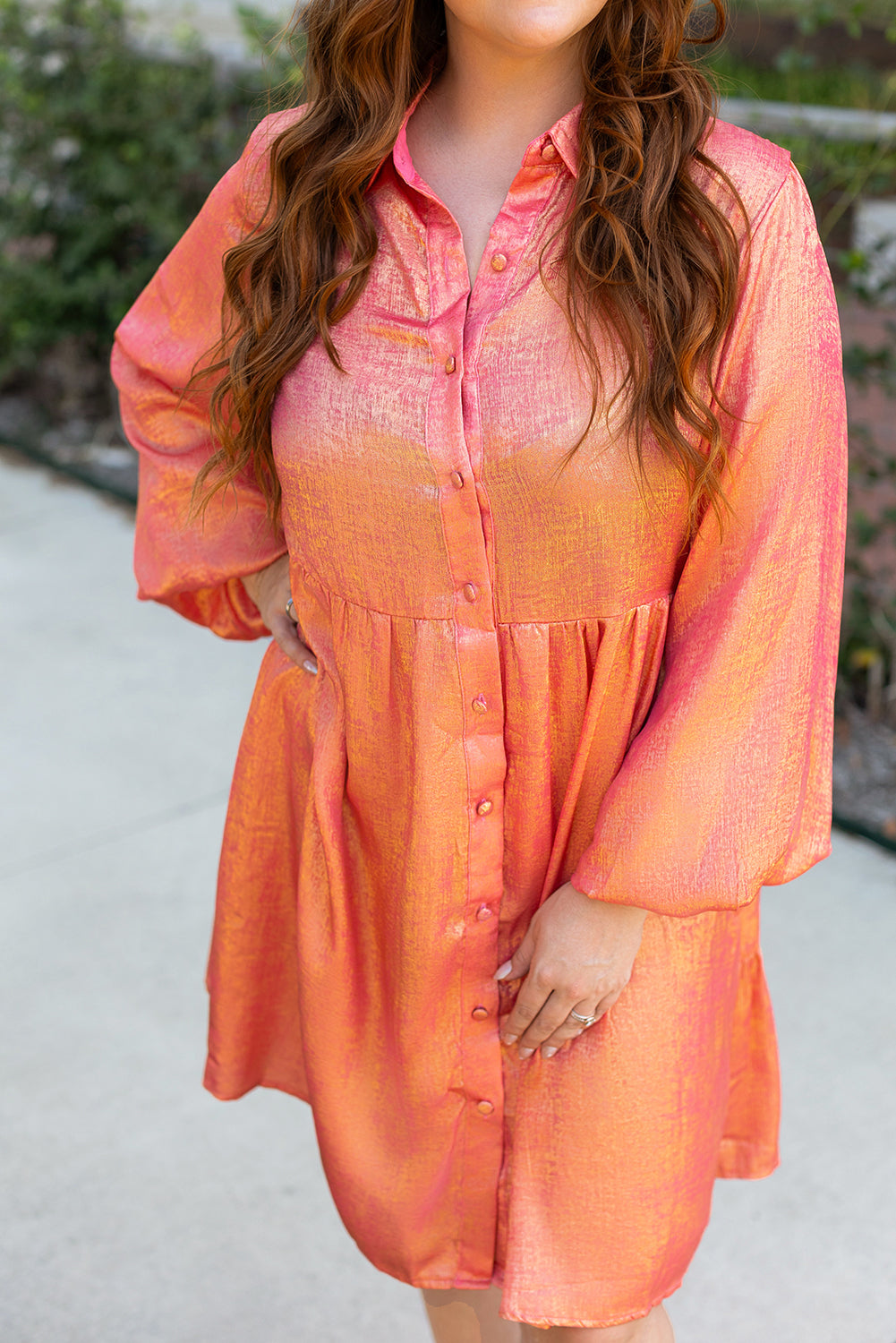 Metallic Balloon Sleeve Shirt Plus Size Mini Dress | Peach Blossom