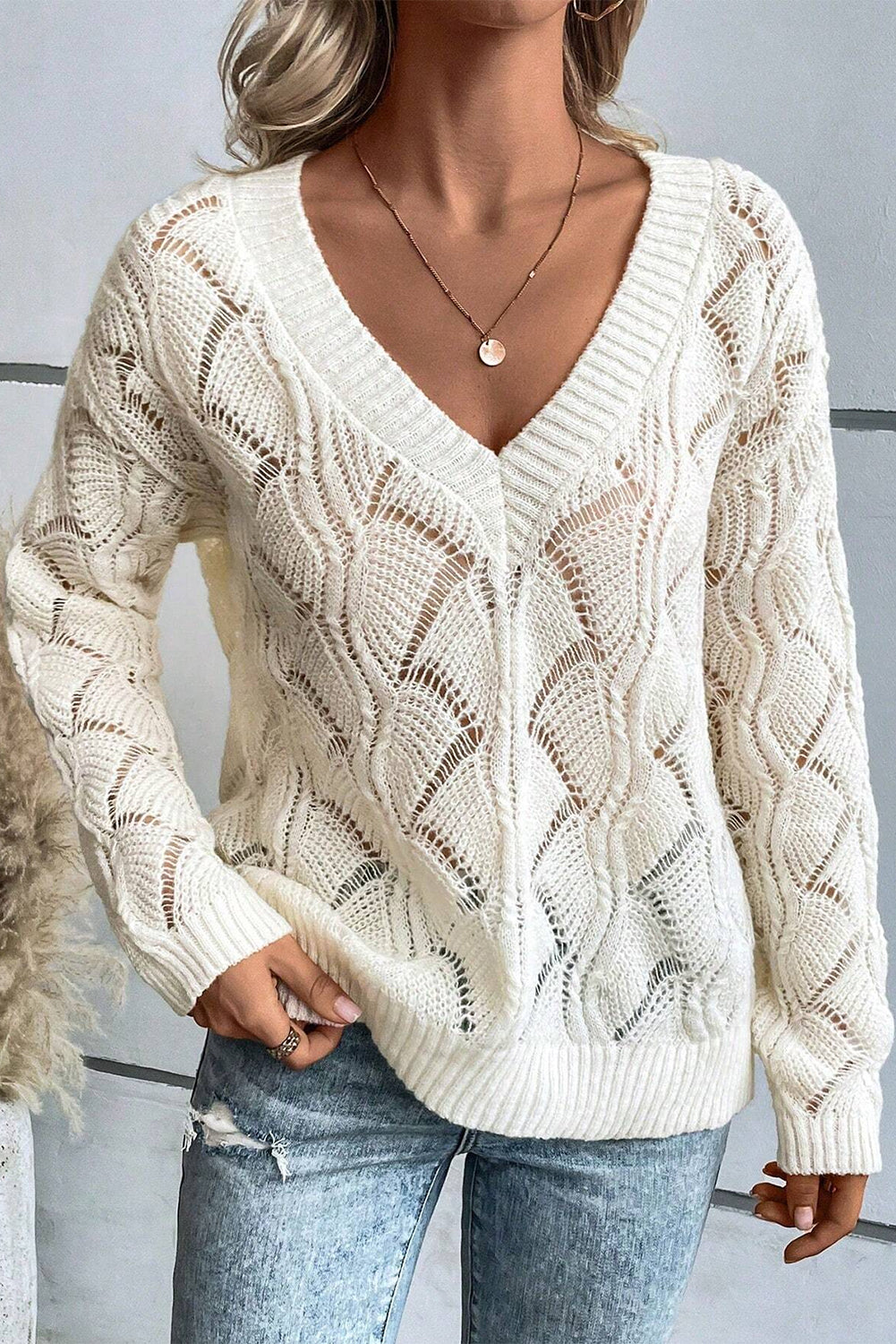 Hollow Out Knit V Neck Drop Shoulder Sweater | Beige