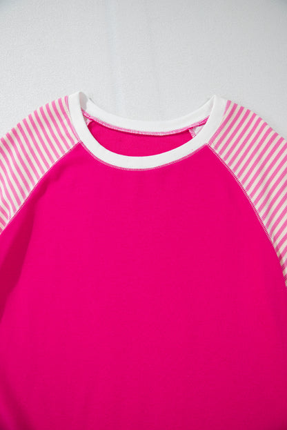 Striped Patchwork Crew Neck Raglan Sleeve Top | Strawberry Pink