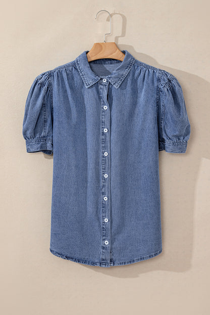 Bubble Sleeve Button Up Denim Shirt | Ashleigh Blue