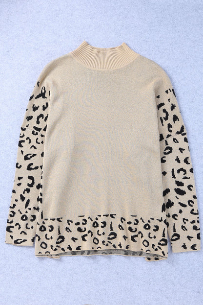 Leopard High Neck Side Slit Oversized Sweater | Khaki