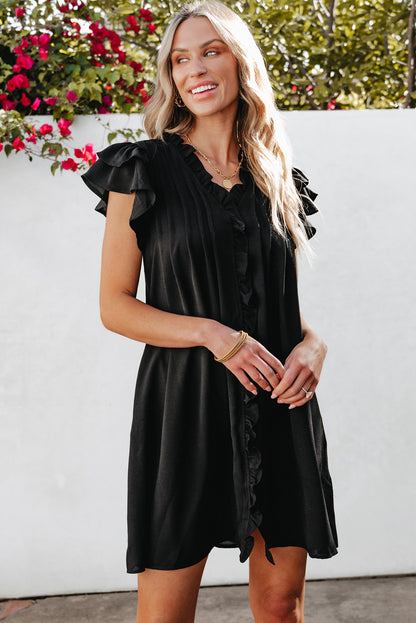 Ruffle Sleeve V Neck Frilled Shift Dress | Black