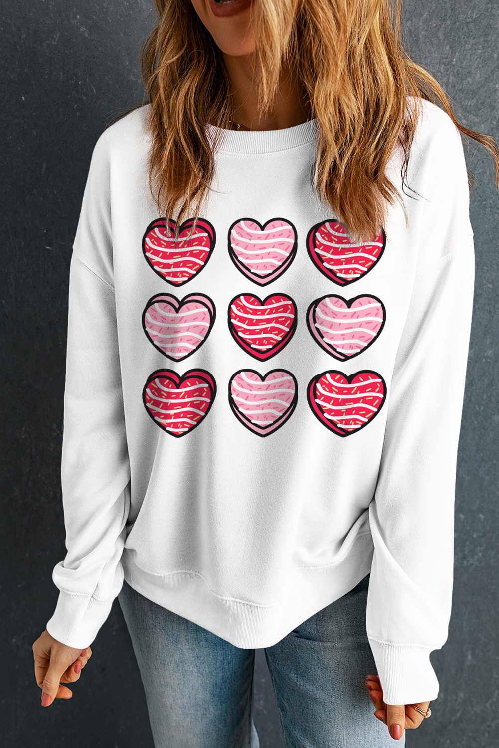 Heart Graphic Crewneck Valentines Pullover Sweatshirt | White