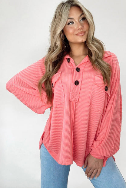 Corded Flap Pocket Henley Top | Pink