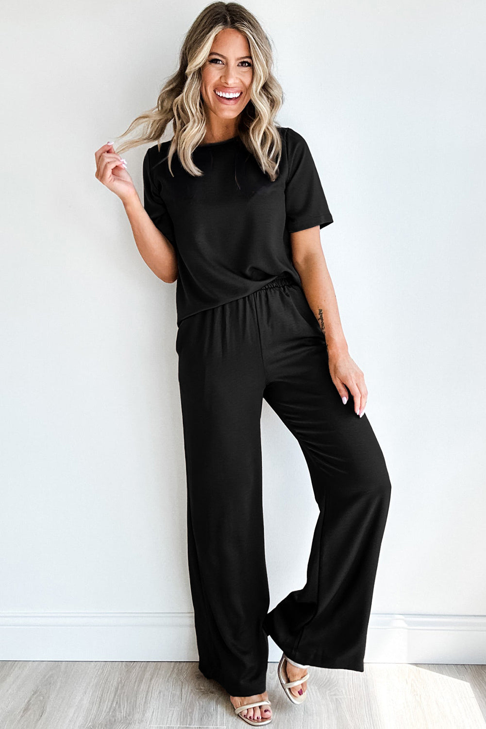 Solid Colour T Shirt 2 Piece Wide Leg Pants Set | Black