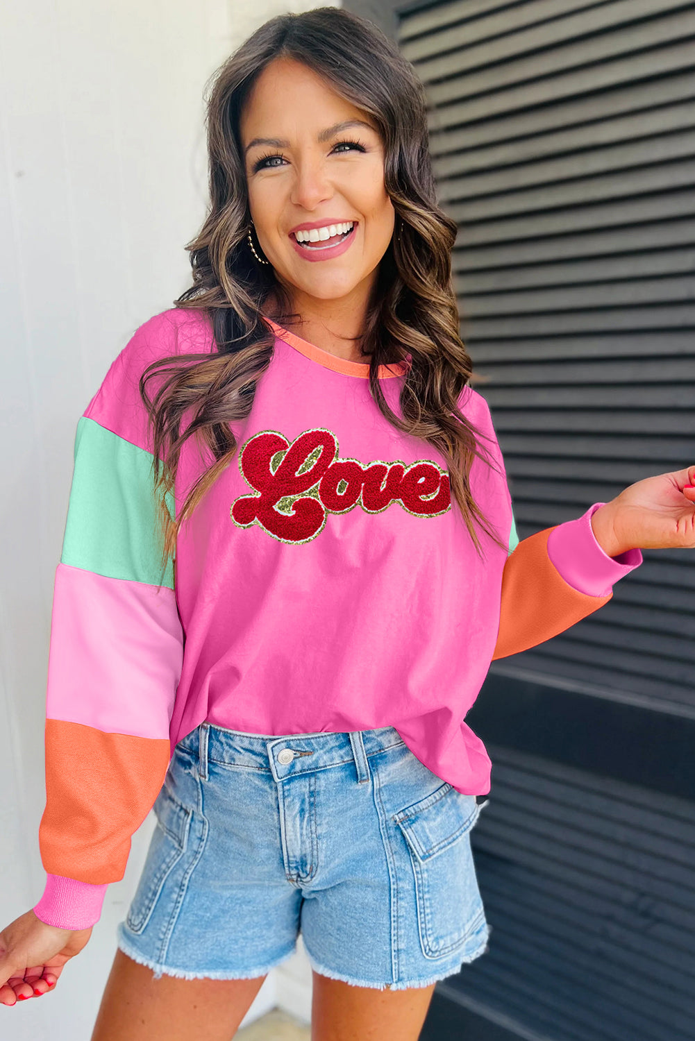 Chenille Love Patched Colourblock Long Sleeve Crewneck Top | Rose Red