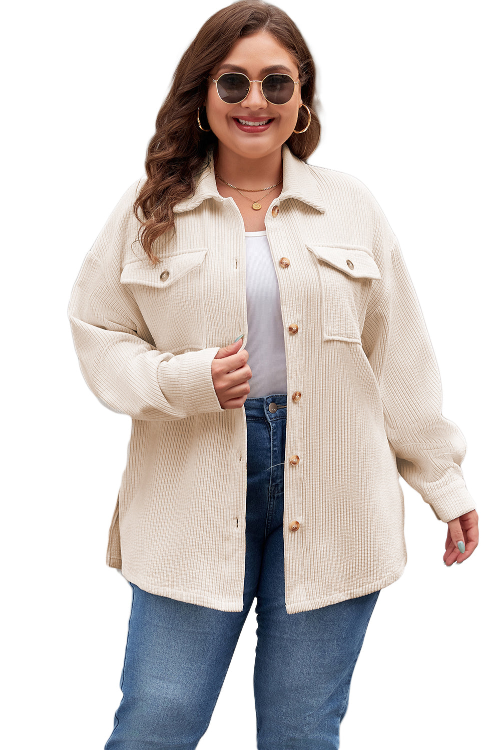 Textured Flap Pockets Buttoned Plus Size Shacket | Oatmeal