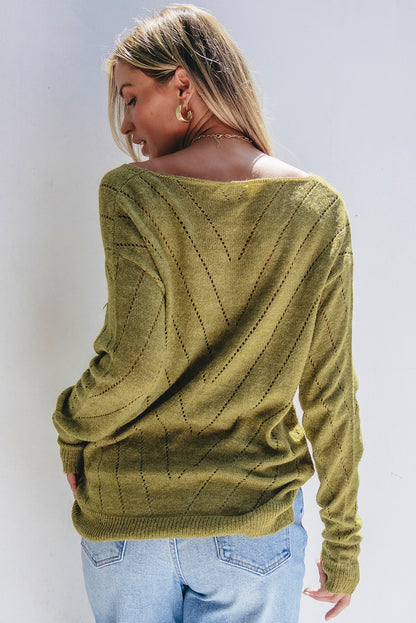 Solid Eyelet Drop Shoulder V Neck Sweater | Sage Green