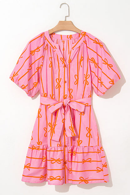 Bowknot Striped Printed Bubble Sleeve Buttoned Belted Mini Dress | Pink