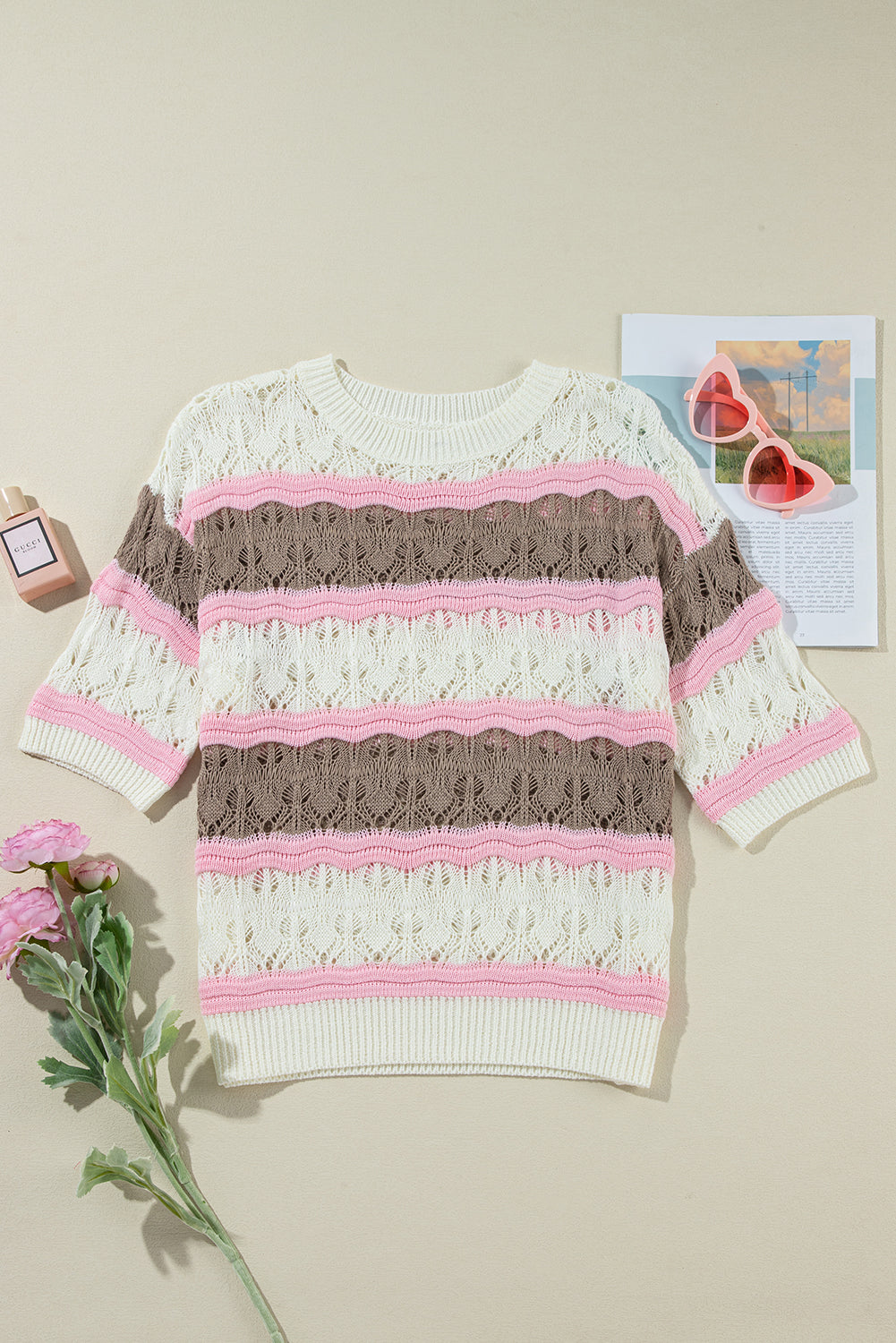 Colour Block Hollow Out Crochet Half Sleeve Sweater | Brown Stripe