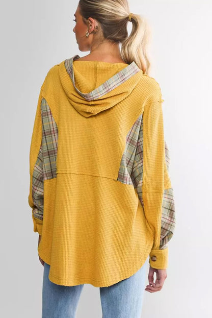 Waffle Knit Plaid Patchwork Pocketed Henley Hoodie | Yellow