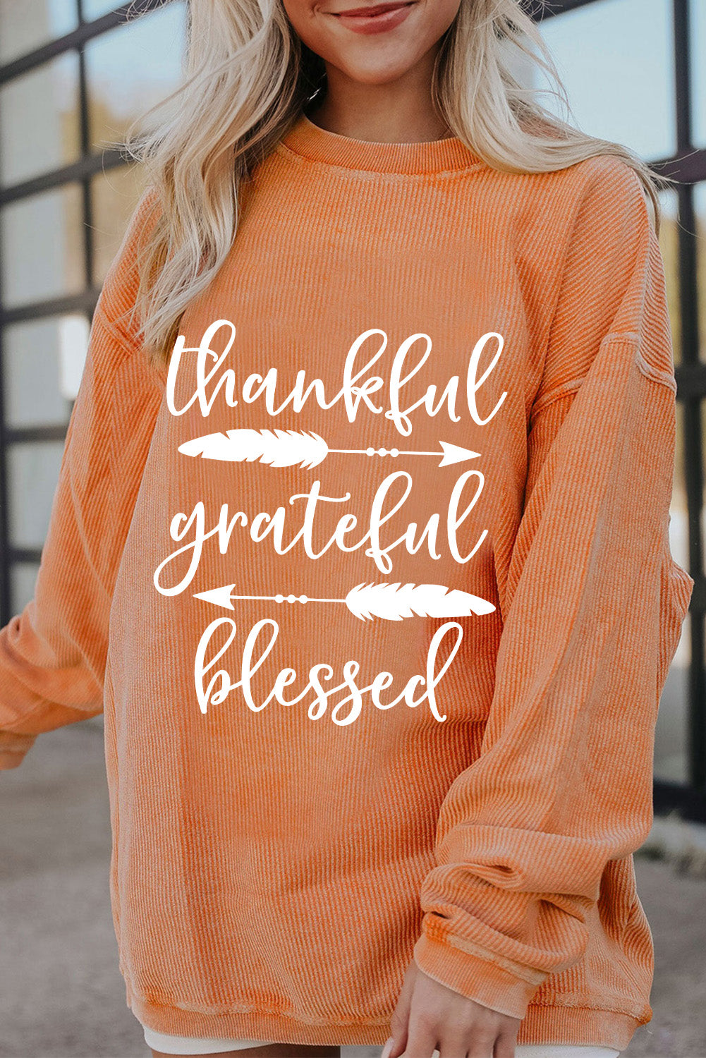 Thankful Grateful Blessed Arrow Graphic Corded Sweatshirt | Orange