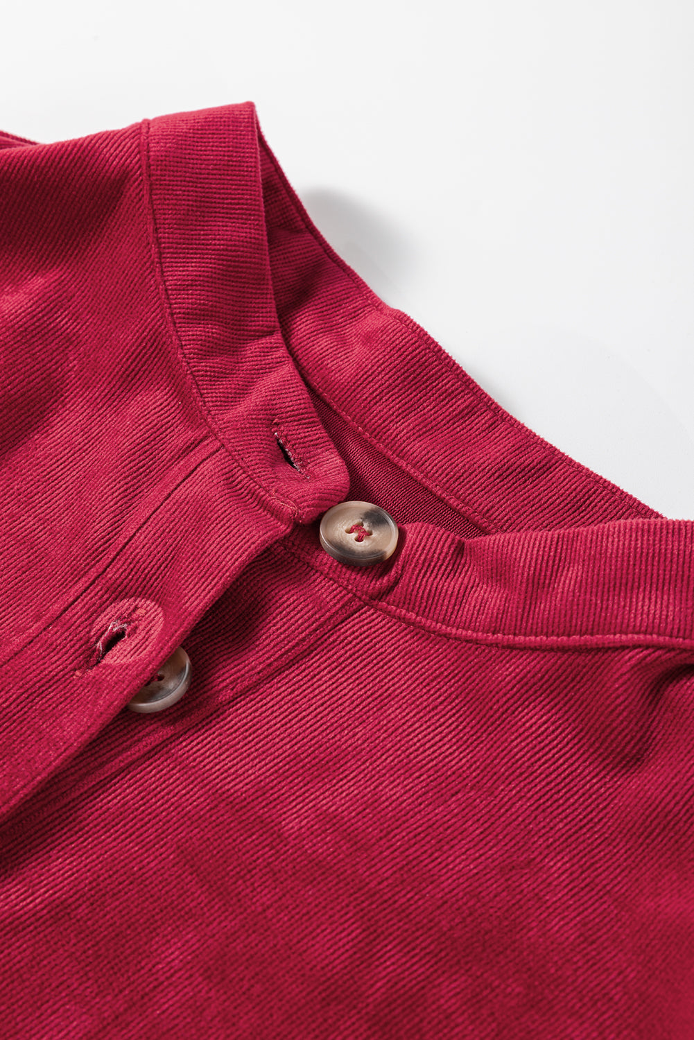 Corduroy Ruffle Tiered Buttoned O Neck Shirt | Burgundy