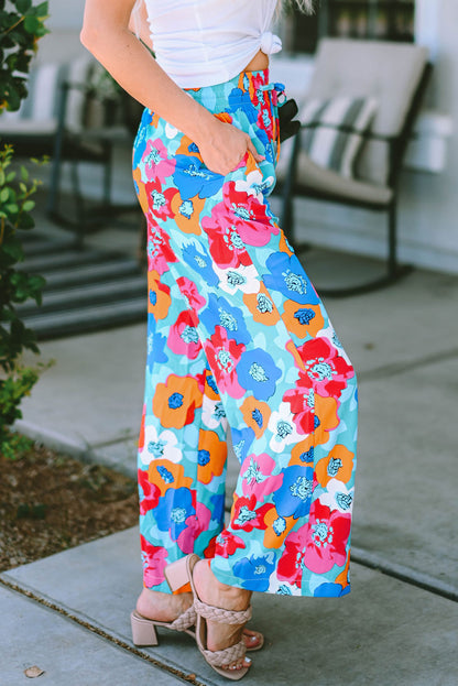 Abstract Floral Print Drawstring Wide Waistband Pants | Multicolour