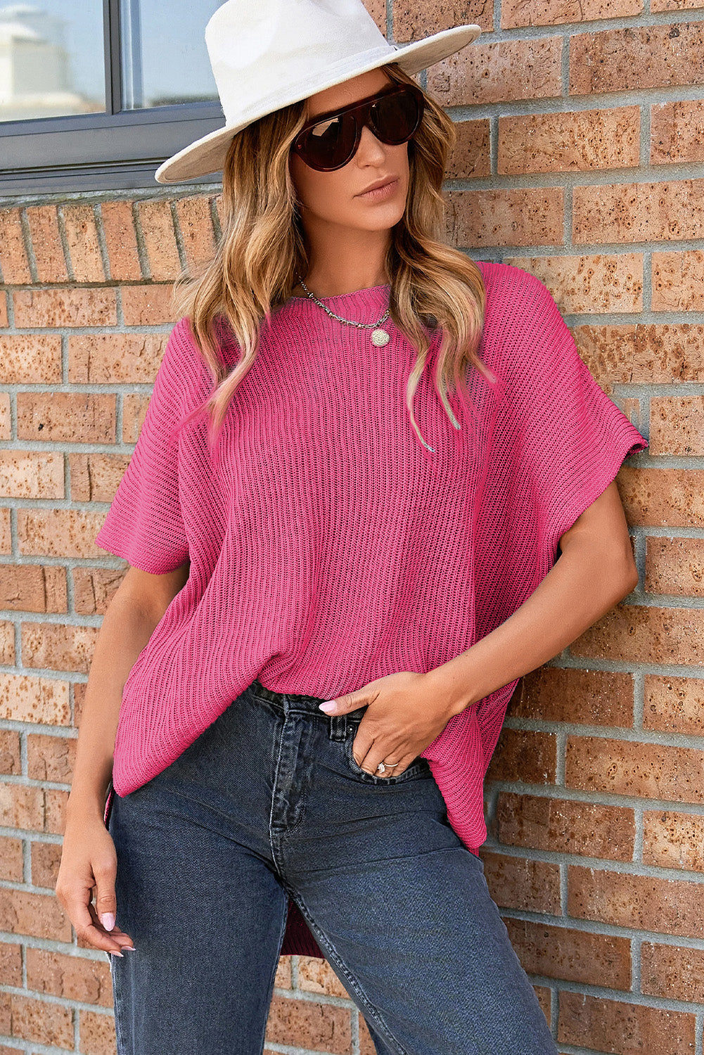 Short Sleeve Side Slit Oversized Sweater | Rose Red