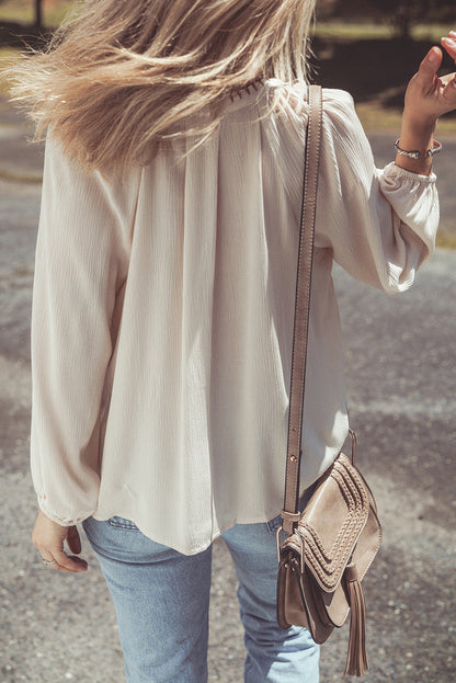 Floral Embroidered Textured Puff Sleeve Loose Shirt | Beige