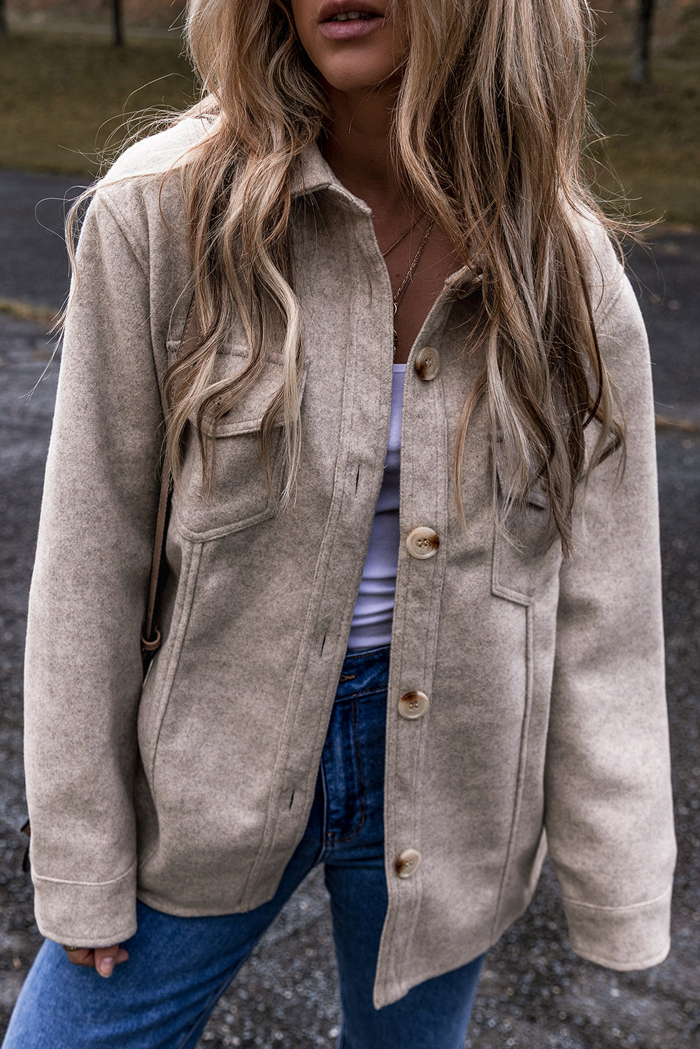 Turn Down Collar Flap Pockets Buttoned Shacket | Light Grey