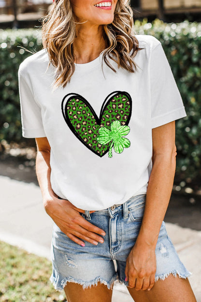 Clover Leopard Heart Shaped Print Crewneck Graphic Tee | White