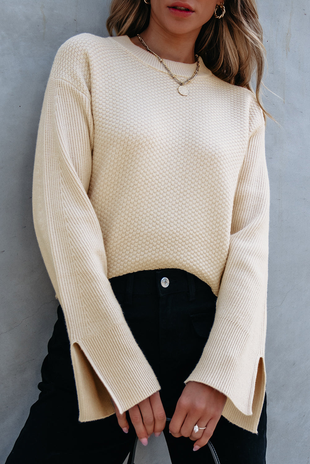 Solid Textured Knit Split Cuff Drop Shoulder Loose Sweater | Parchment