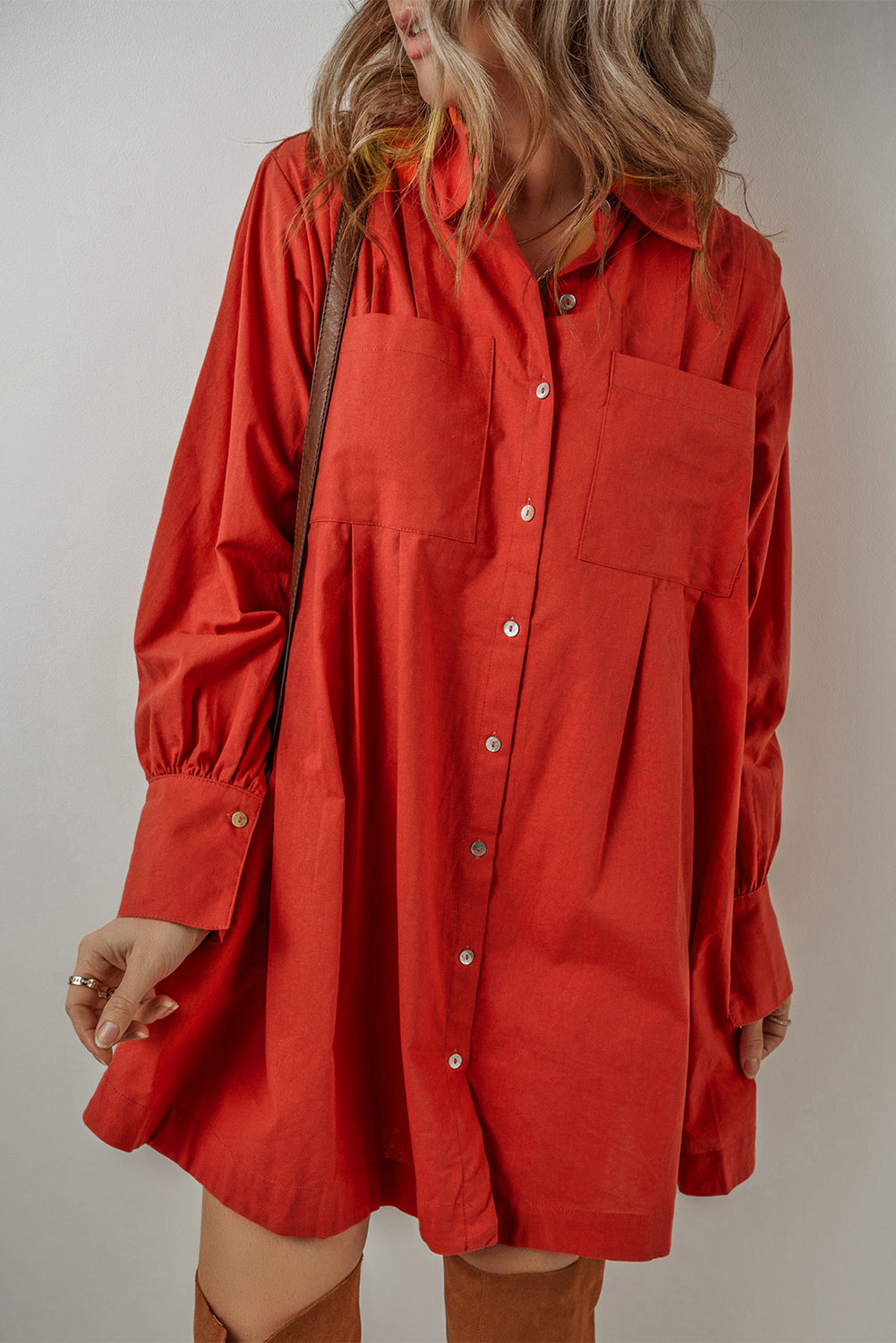 Bishop Sleeve Button Up Pleated Mini Shirt Dress | Tomato Red