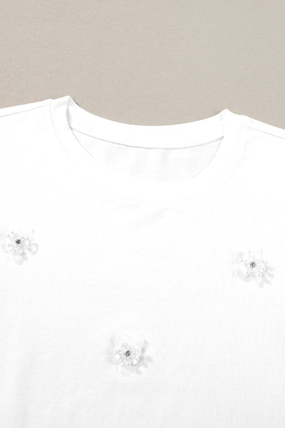 Flower Applique Round Neck T-Shirt | White