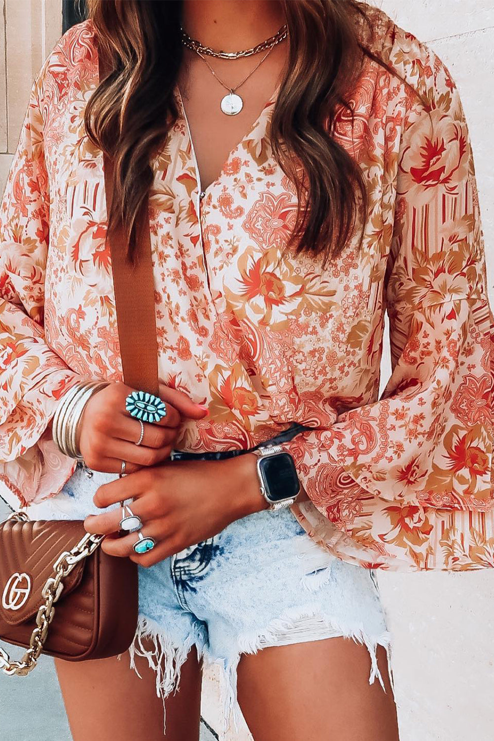 Floral Print Ruffled Bell Sleeve V Neck Bodysuit | Orange