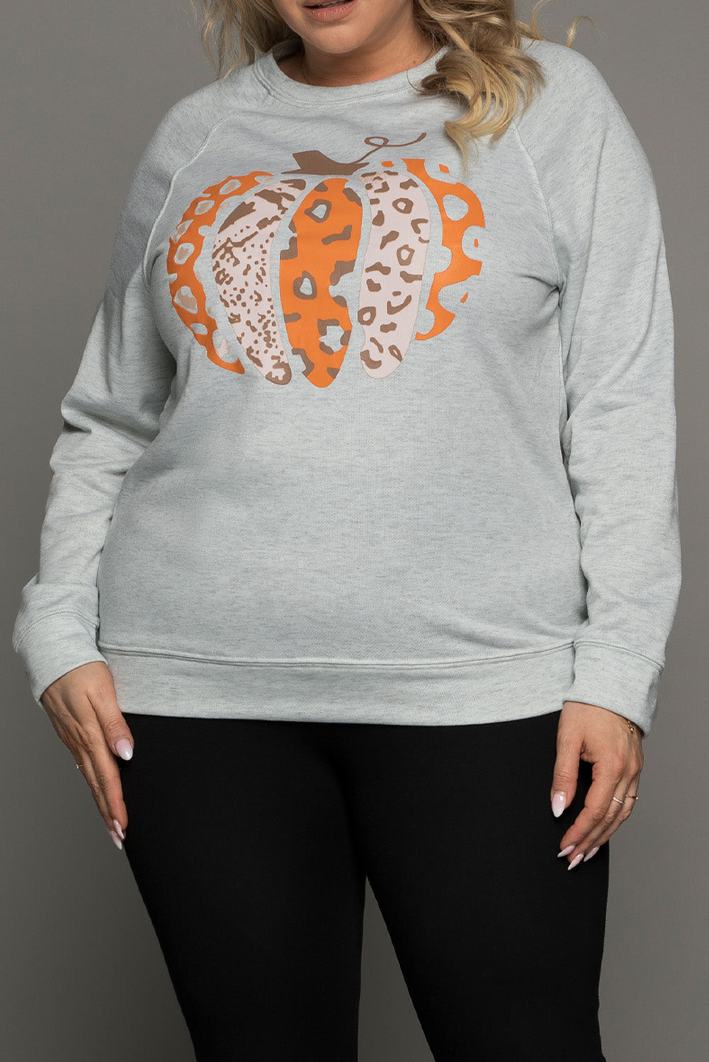 Gray Halloween Pumpkin Leopard Print Plus Size Sweatshirt