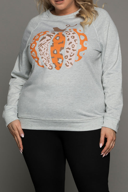 Gray Halloween Pumpkin Leopard Print Plus Size Sweatshirt